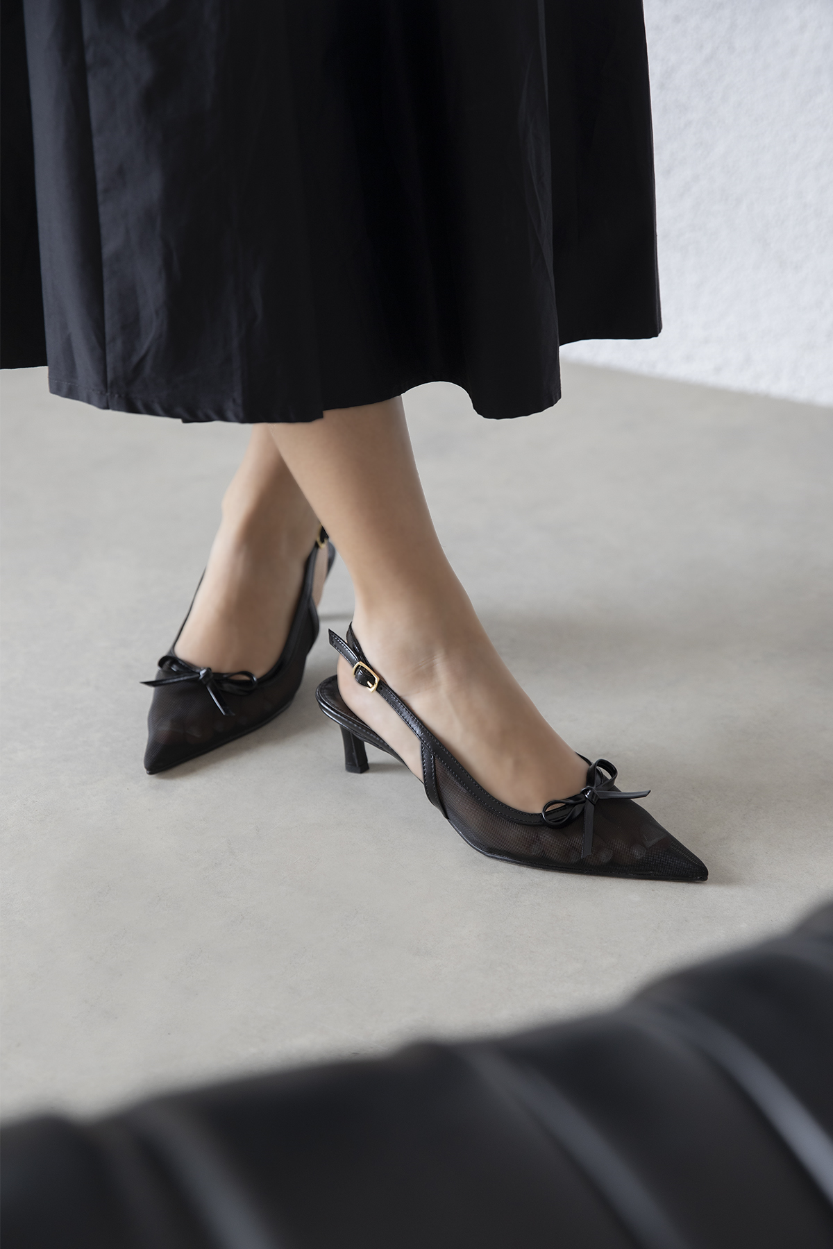 Noble  Kadın Topuklu File Detay Kırışık Deri Ayakkabı Siyah