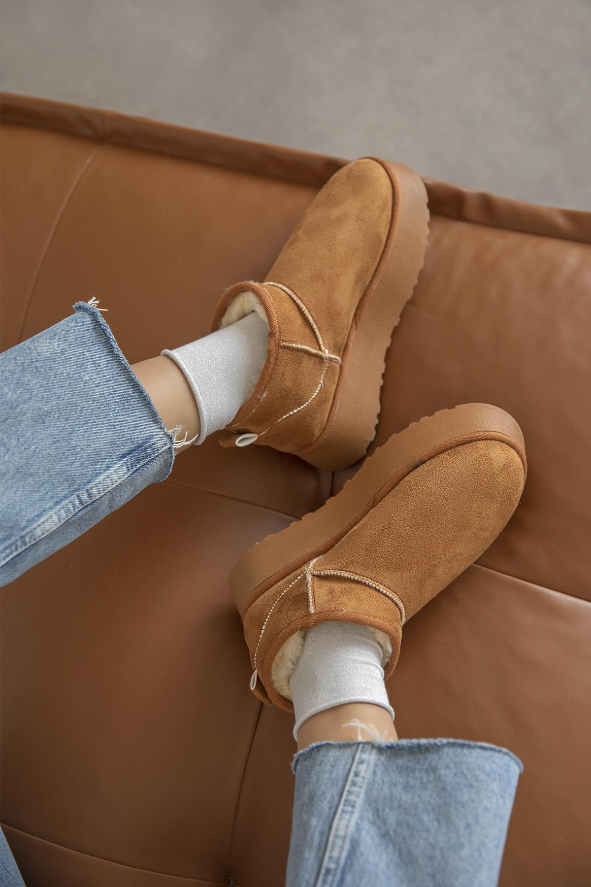 Novi Kadın İçi Tüylü Kalın Taban  Süet Yarım  Bot Taba