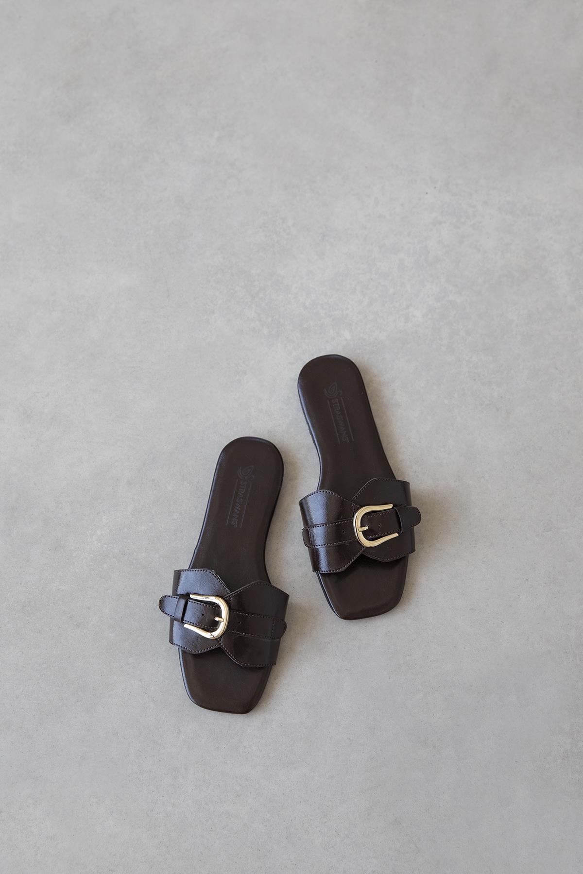 Pablo Kadın Günlük Kırışık Deri Terlik Kahve