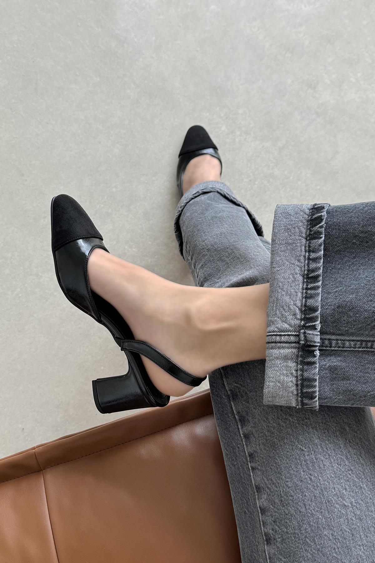 Paris Kadın Kırışık Deri Topuklu Ayakkabı Siyah