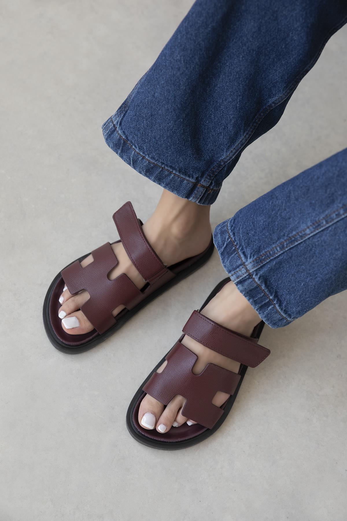 Pina Kadın  Cırt  Bantlı  Baskı  Deri  Terlik Bordo