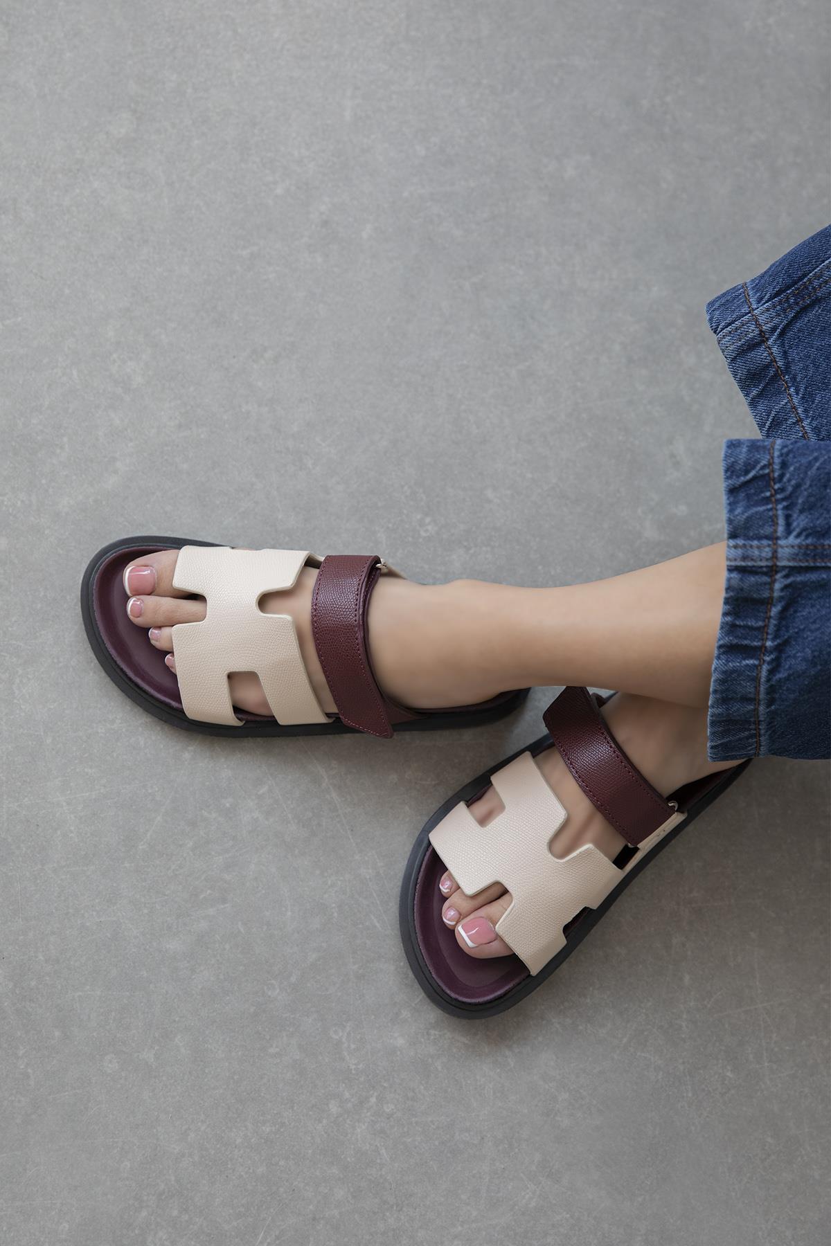 Pina Kadın  Cırt  Bantlı  Baskı  Deri  Terlik Bordo-Bej