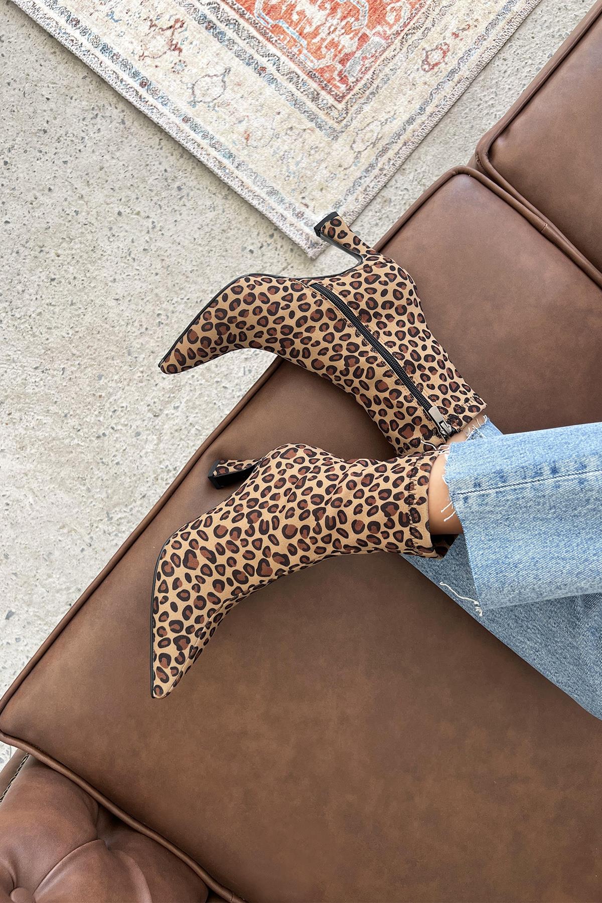 Poppin Kadın Pino Ökçe  Kumaş Bot Leopar