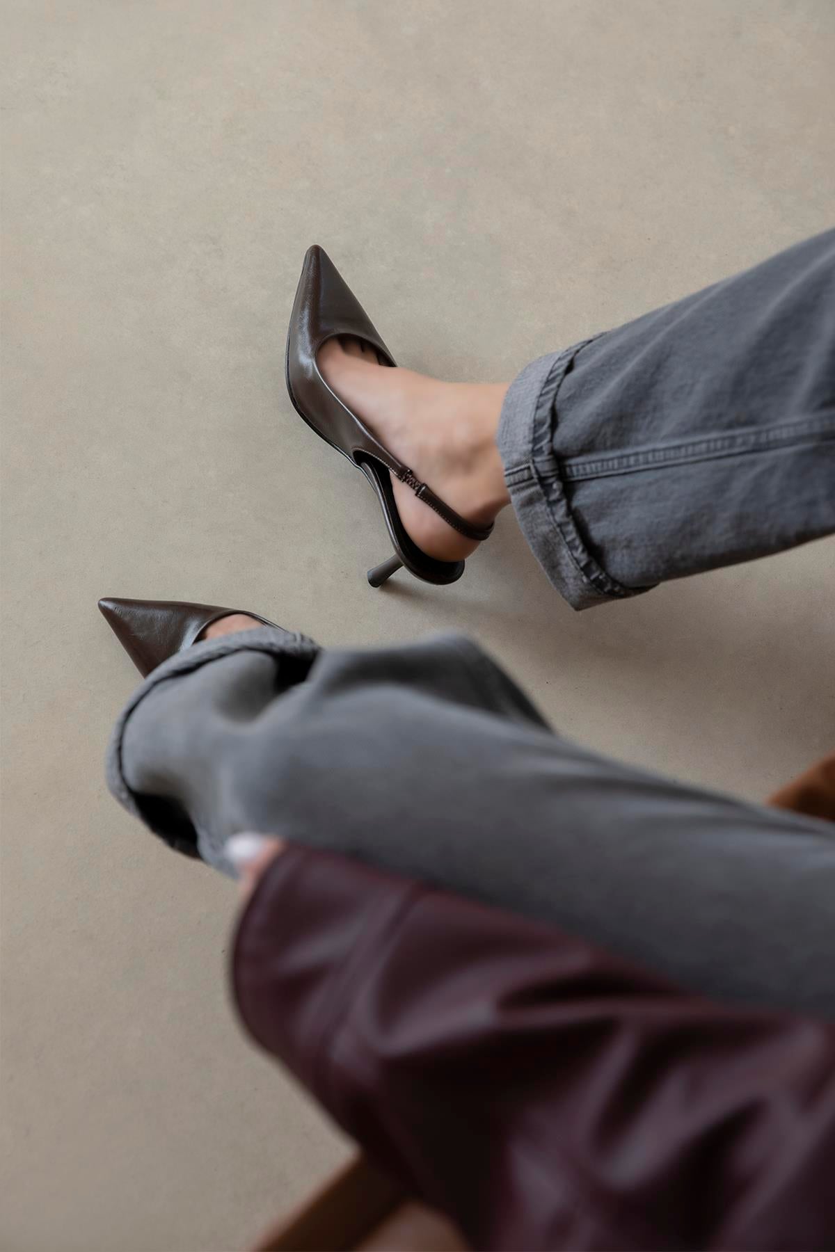 Raye Kadın Topuklu Kırışık Deri Ayakkabı Kahve