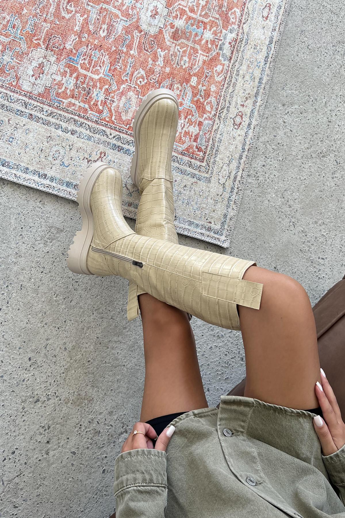 Romee  Kadın  Fermuar Detay  Kroko  Çizme Bej