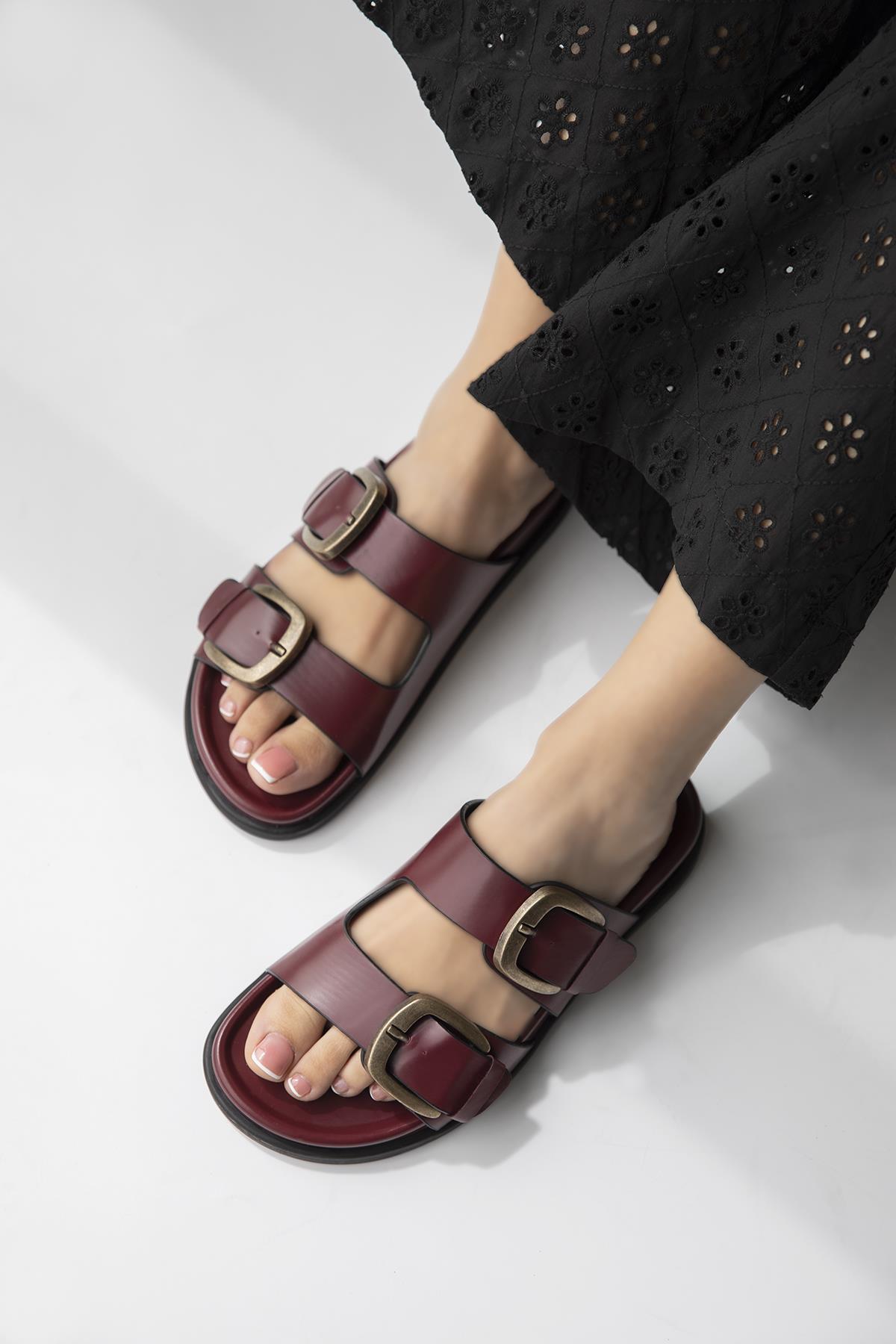 Sebonis Kadın Toka Detay Günlük Konfor Deri Terlik Bordo