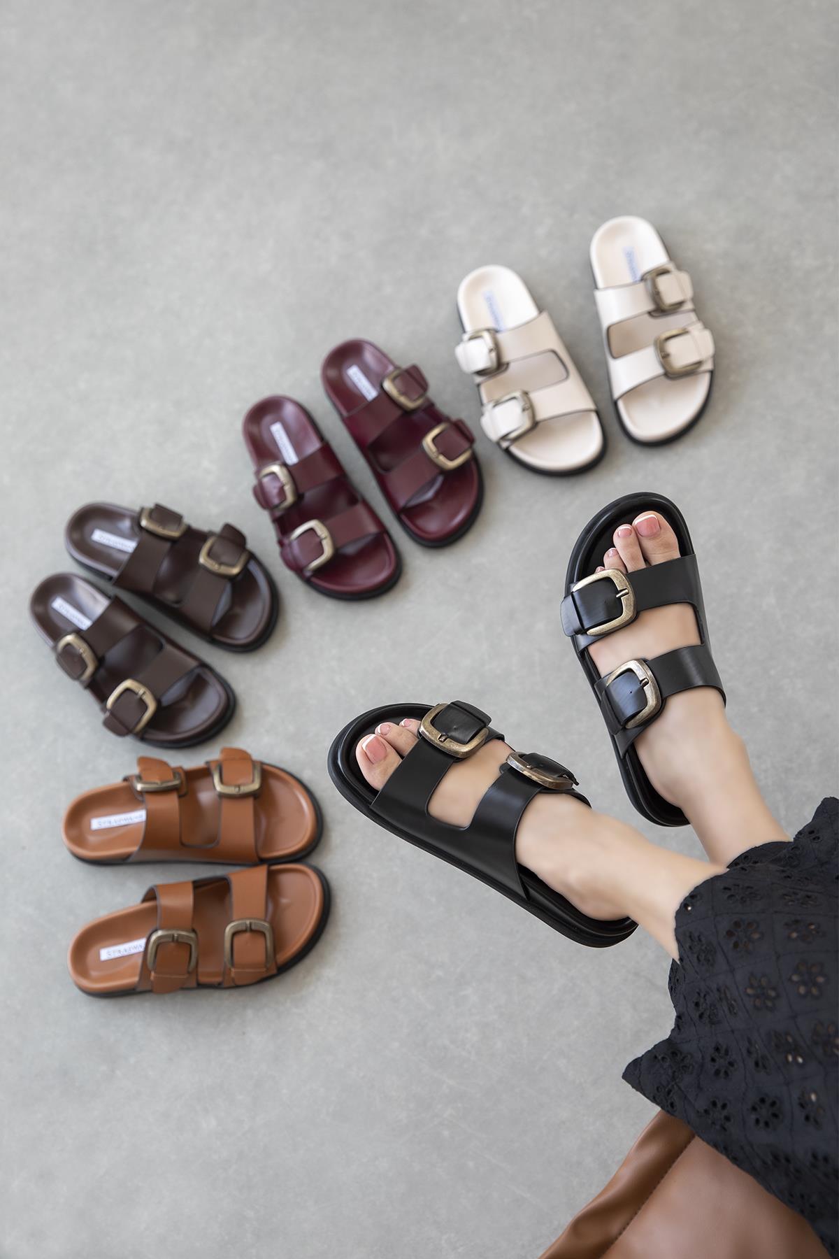 Sebonis Kadın Toka Detay Günlük Konfor Deri Terlik Siyah