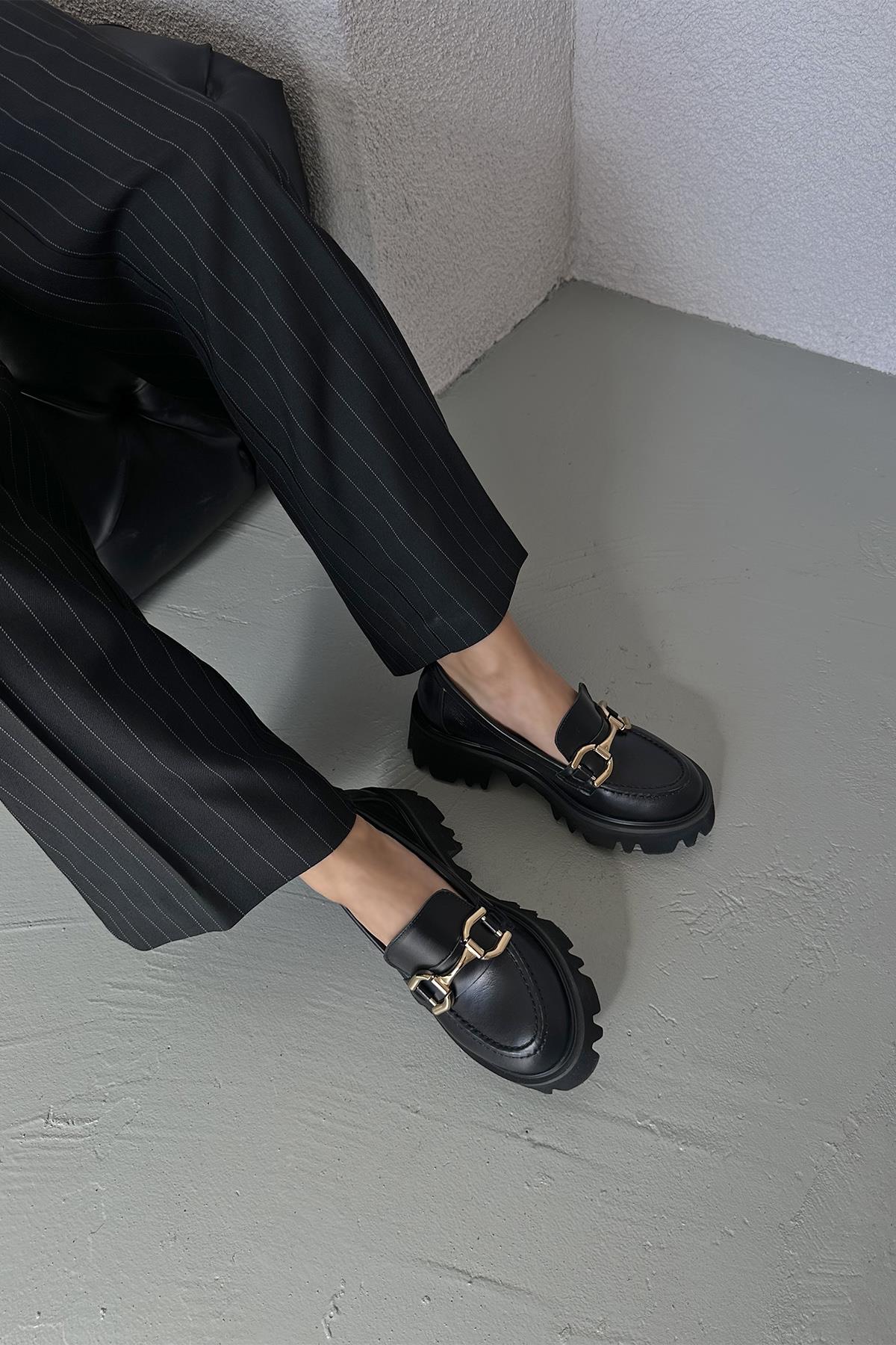 Sellly Kadın İçi Dışı  Hakiki Deri  Makosen Ayakkabı Siyah