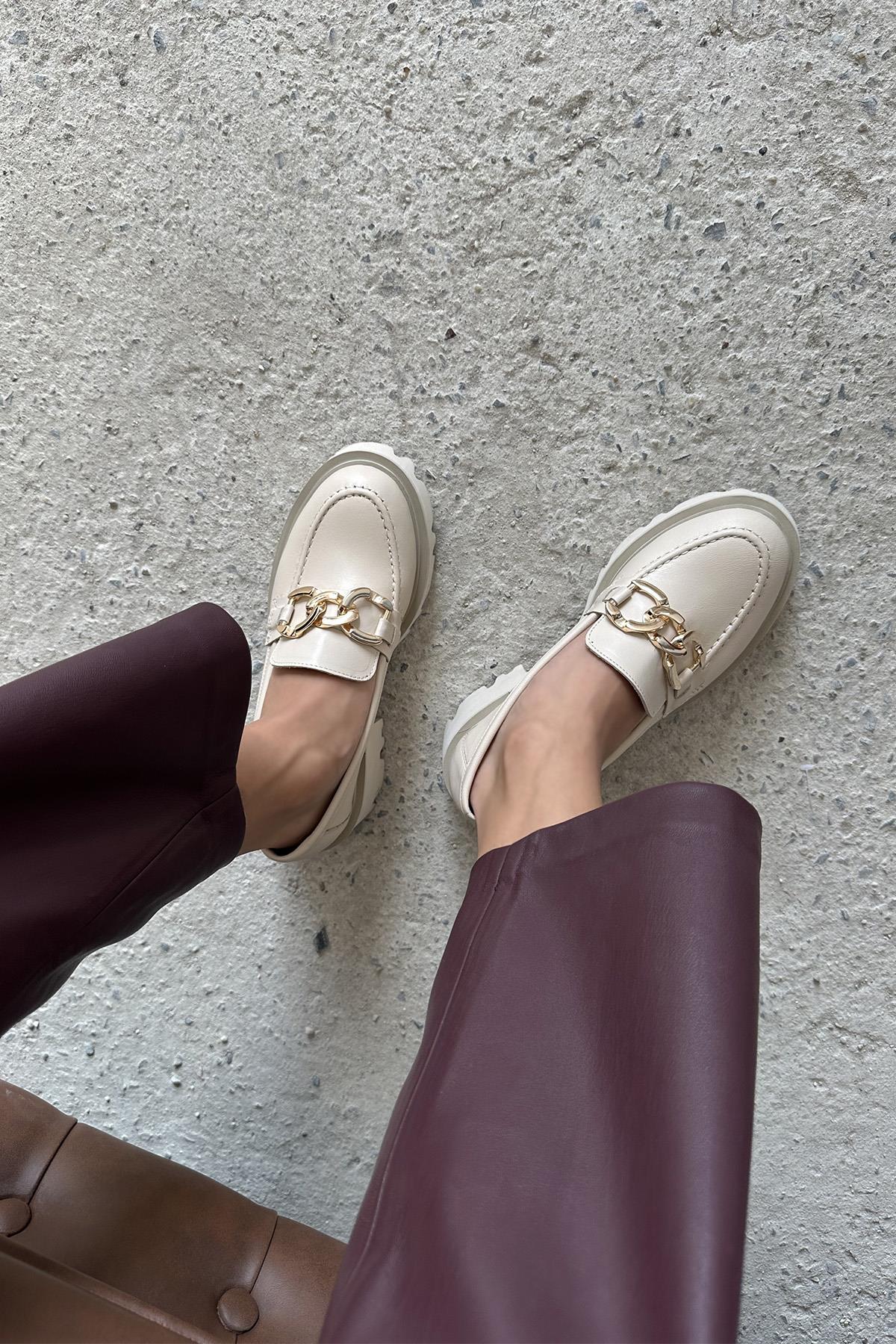 Sımmı Kadın İçi Dışı  Hakiki Deri  Makosen Ayakkabı Bej