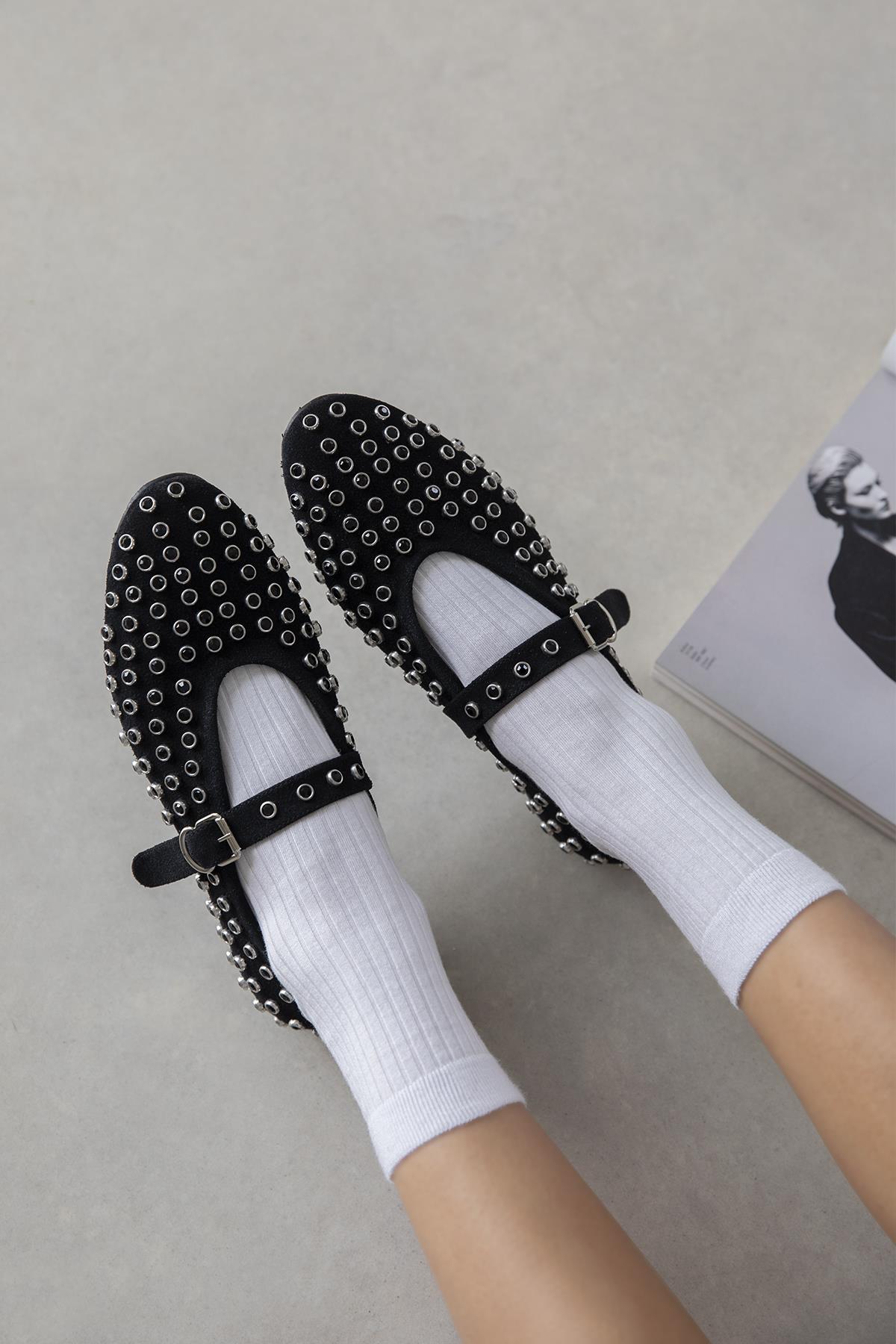 Sofia Kadın Drop Detay Süet Babet Siyah