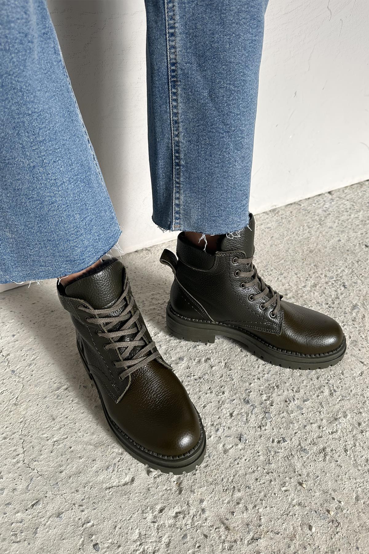 Stones  Kadın Hakiki  Deri Postal  Bot Haki