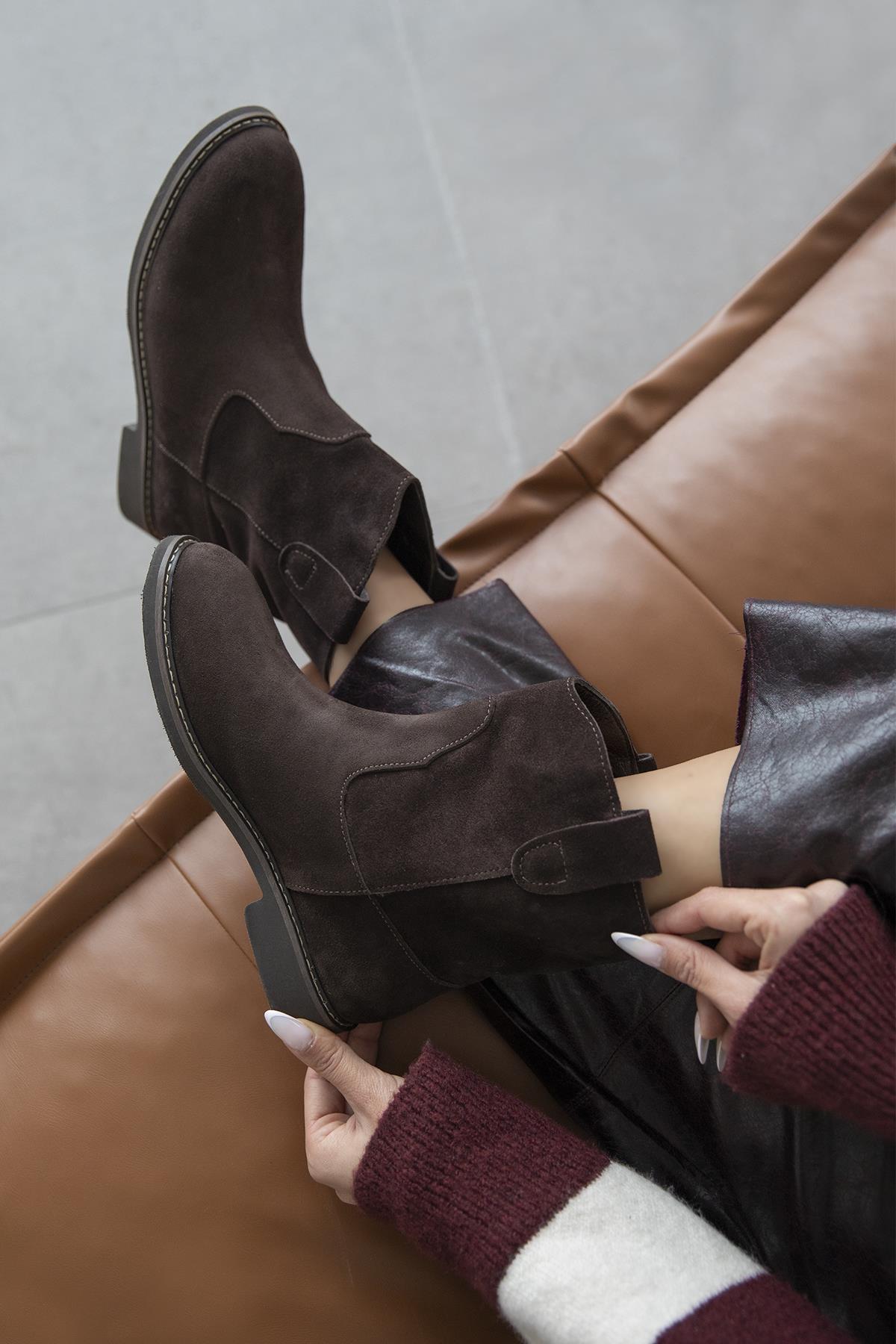 Toffy Kadın Düz Taban Hakiki Deri Süet Bot Kahve