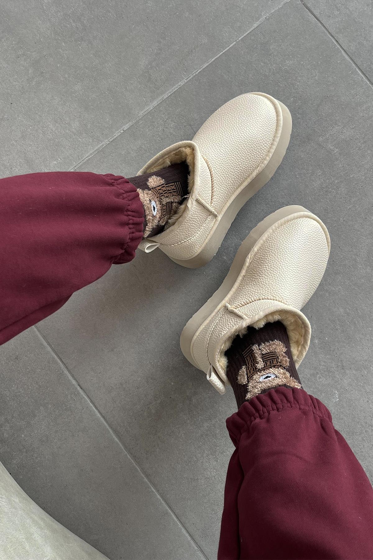 Tommo Kadın  İçi Tüylü Kalın Taban  Deri  Yarım  Bot Bej