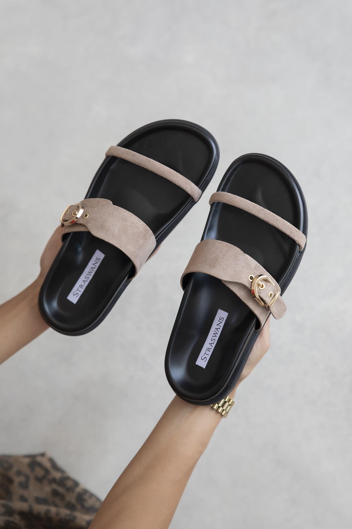 Zeus Kadın Toka Detay Günlük Konfor Süet Terlik Vizon