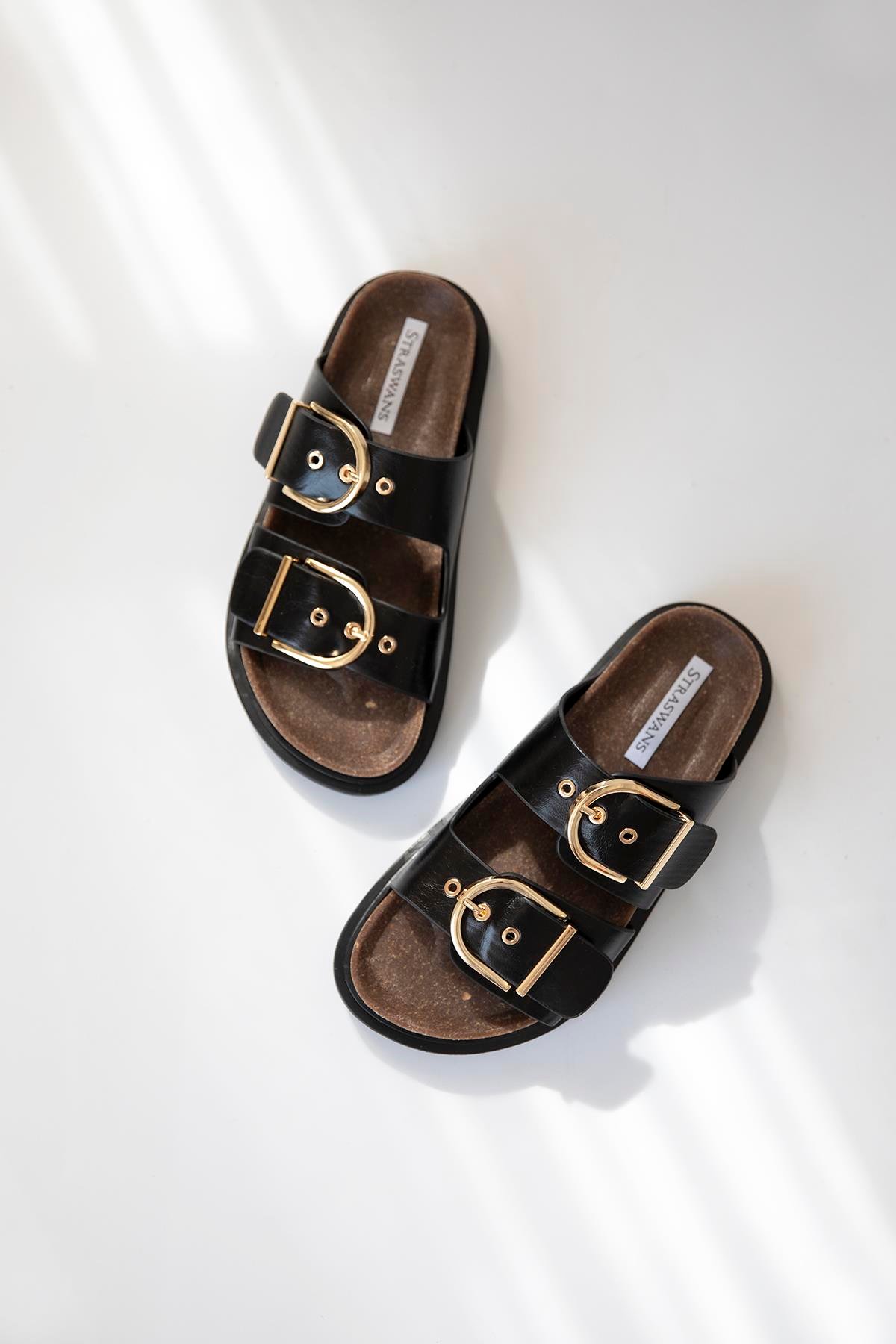 Zowie  Kadın  Toka  Detay  Günlük Konfor  Deri Terlik Siyah