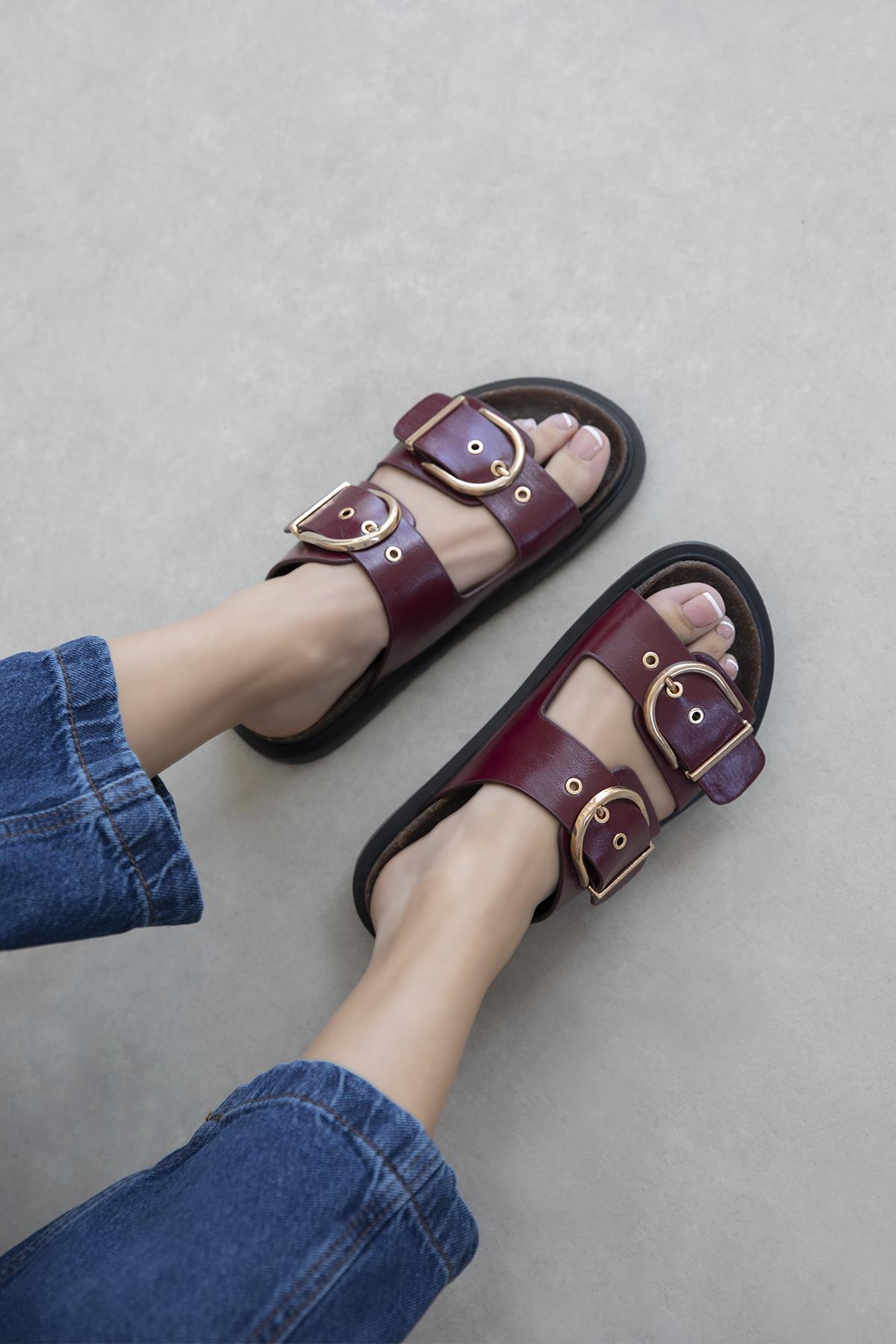 Zowie  Kadın  Toka  Detay  Günlük Konfor  Deri Terlik Bordo