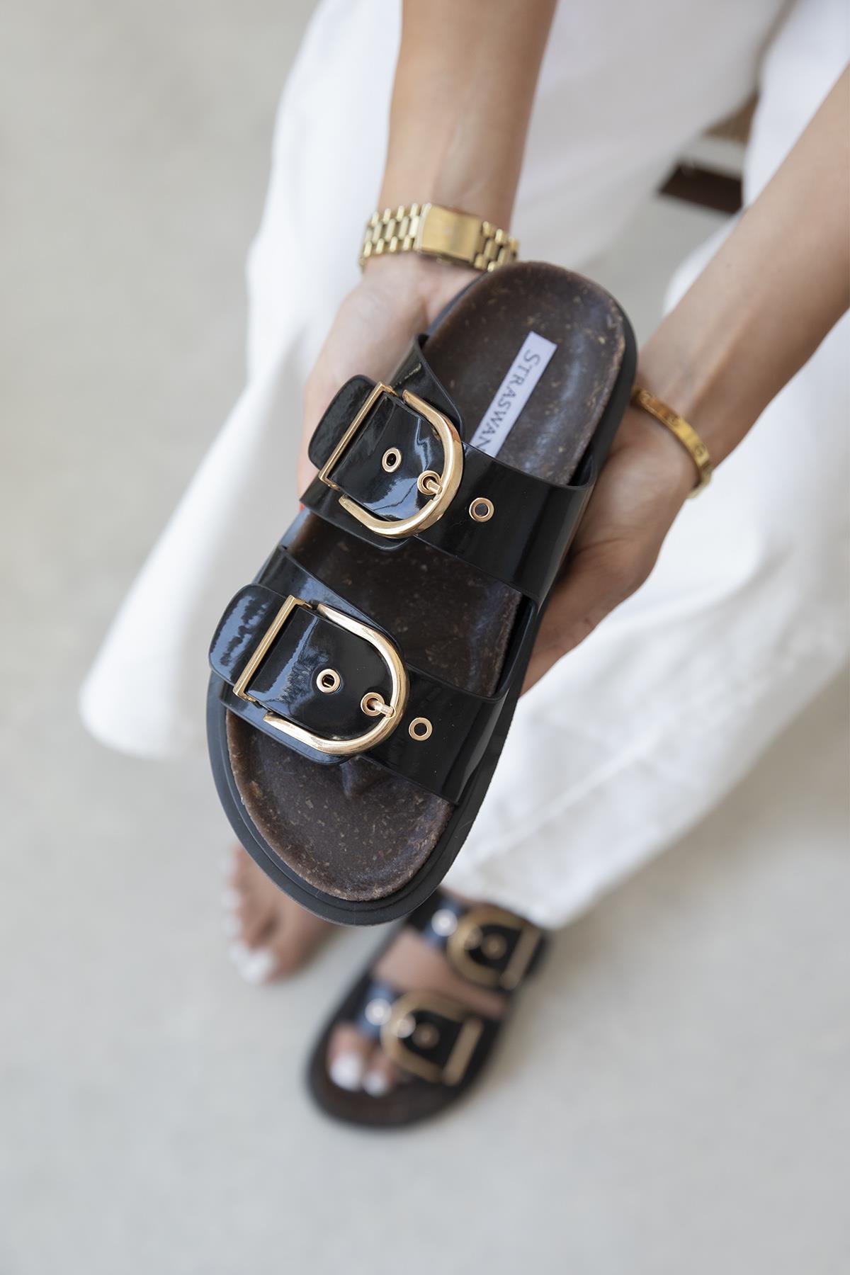 Zowie  Kadın  Toka  Detay  Günlük Konfor Rugan Terlik Siyah