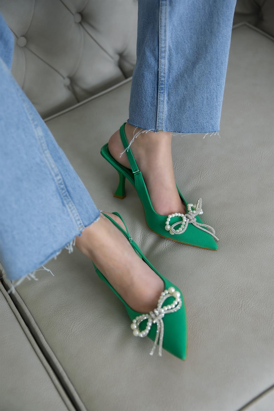 Carlota Kadın Topuklu  Toka  Detay Kumaş Sandalet Yeşil