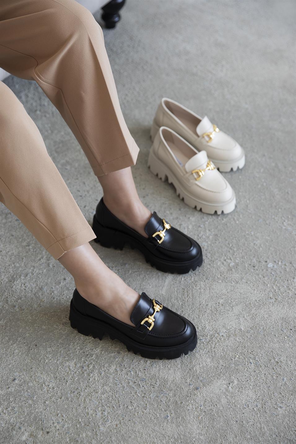 Lulu  Kadın İçi Dışı  Hakiki Deri  Makosen Ayakkabı Siyah