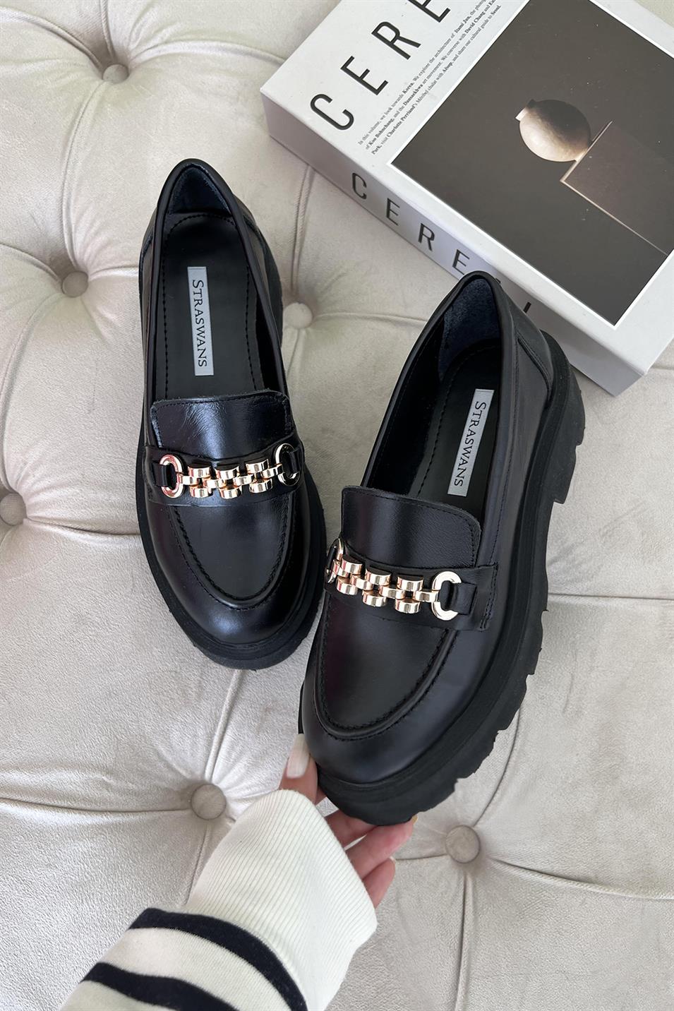 Sven Kadın İçi Dışı  Hakiki Deri  Makosen Ayakkabı Siyah