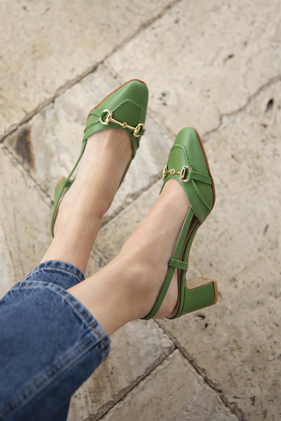 Emma  Kadın Toka Detay  Deri Topuklu Ayakkabı Yeşil