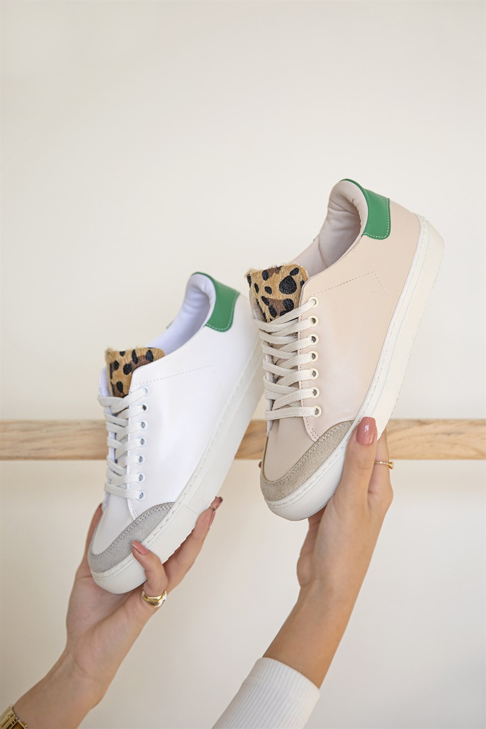 Moxxi Kadın  Deri Spor Ayakkabı Beyaz-Yeşil Leopar