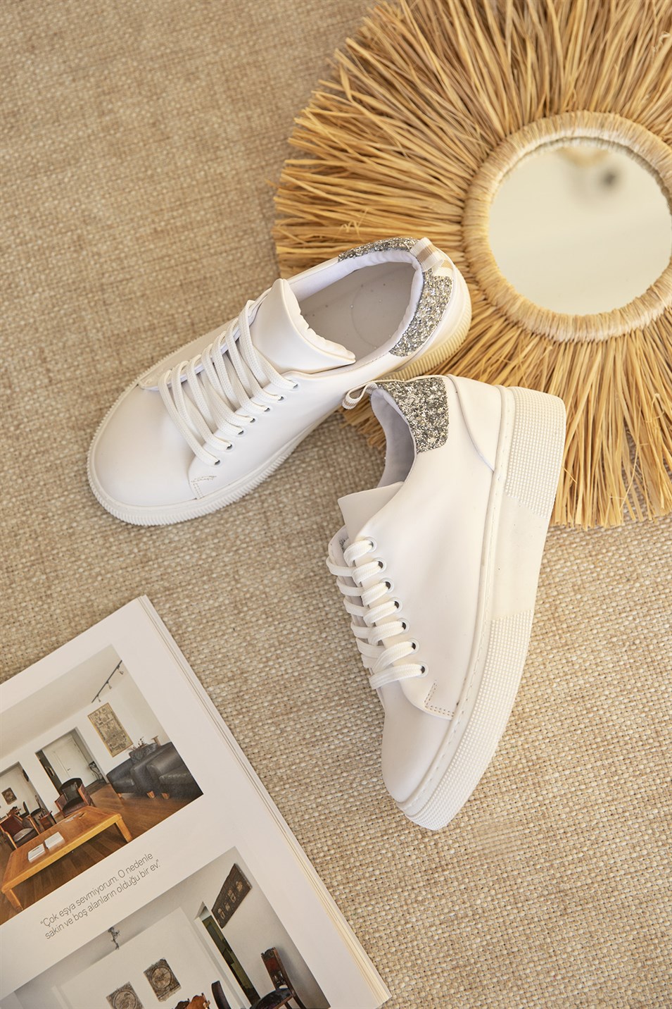 Papel Kadın  Deri  Cam Kırık Detaylı Spor Ayakkabı Beyaz-Gümüş