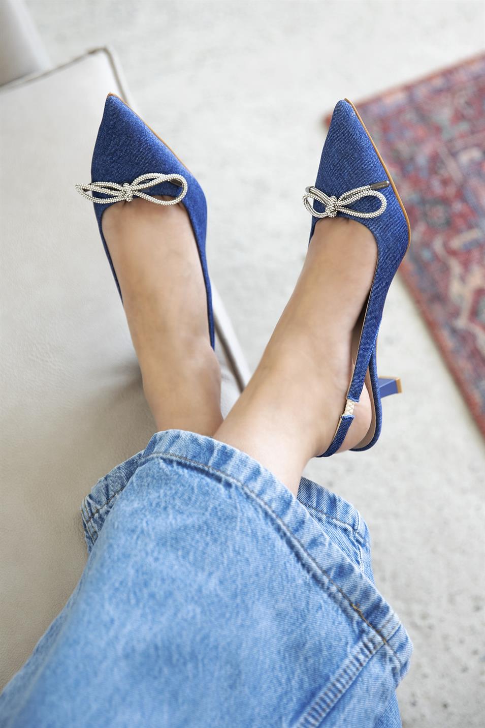 Viva Kadın Fiyonk Detay  Kumaş Topuklu Sandalet Koyu Mavi