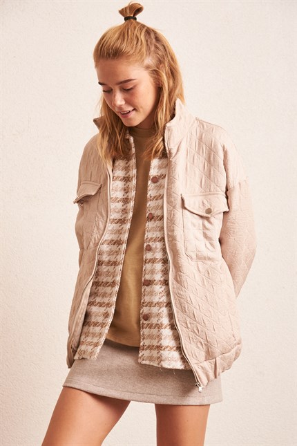 Kapitone Bej Oversize Ceket