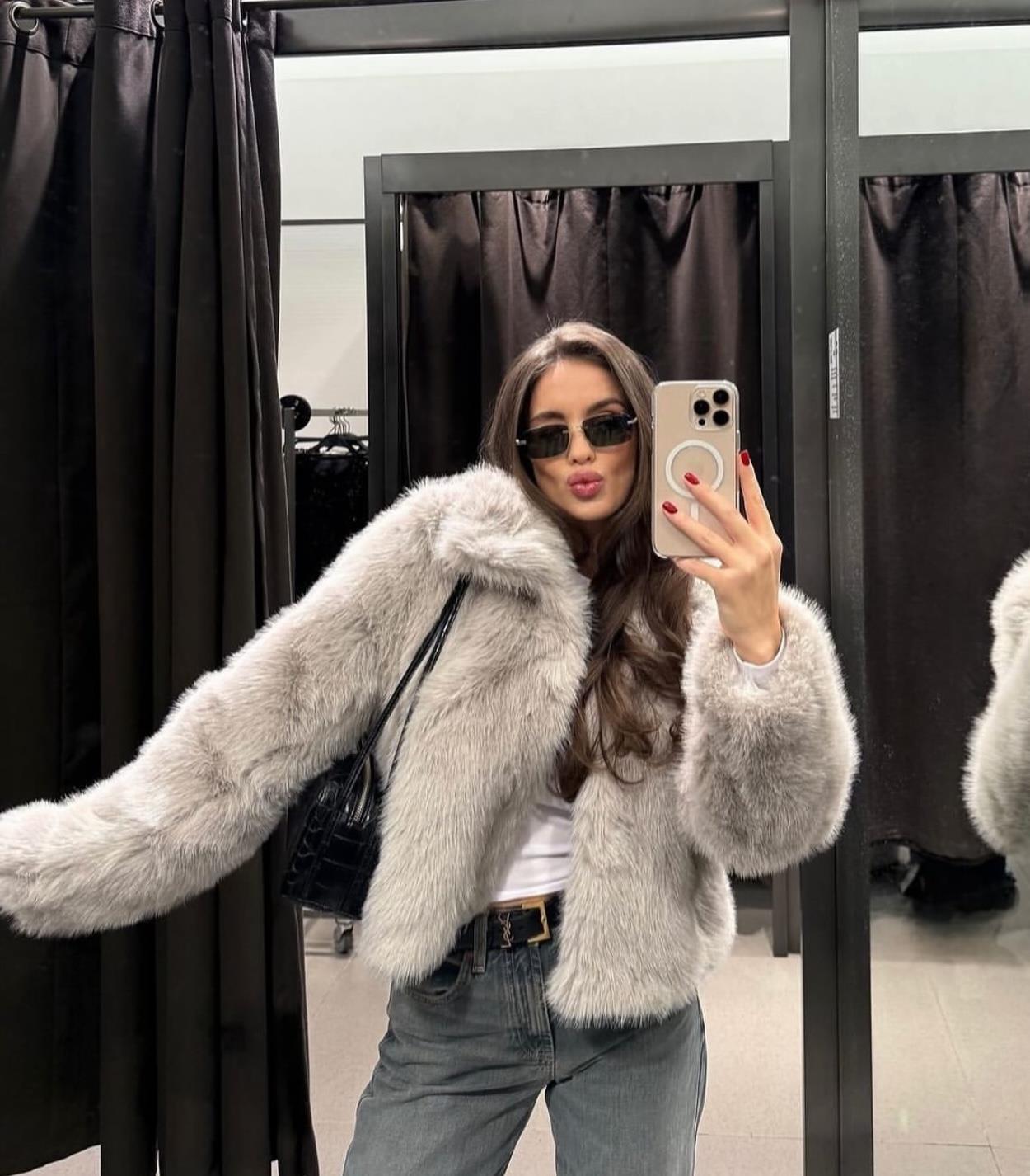 KADIN GRİ PREMIUM KALİTE KÜRK Moda AkımıMont