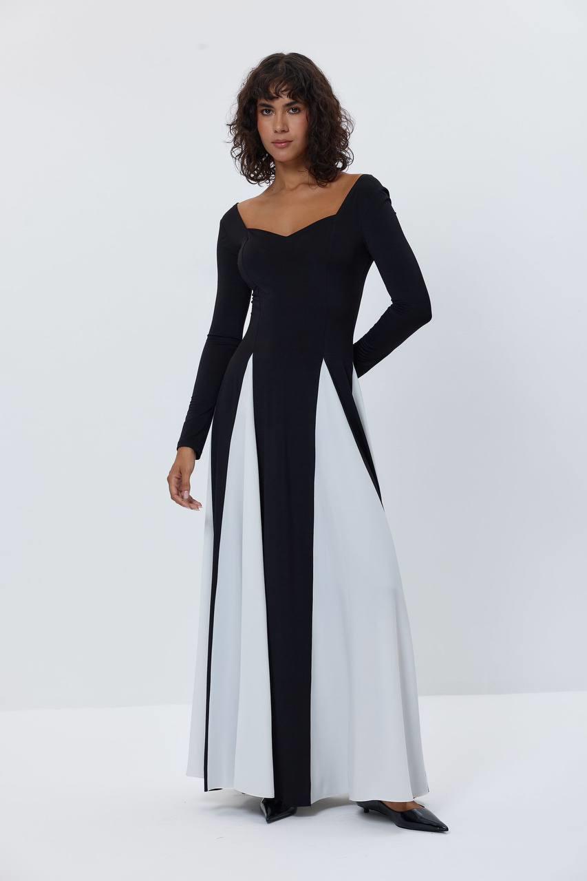 KADIN SİYAH BEYAZ KONTRAST KLOŞ ELBİSE Moda AkımıUzun Elbise