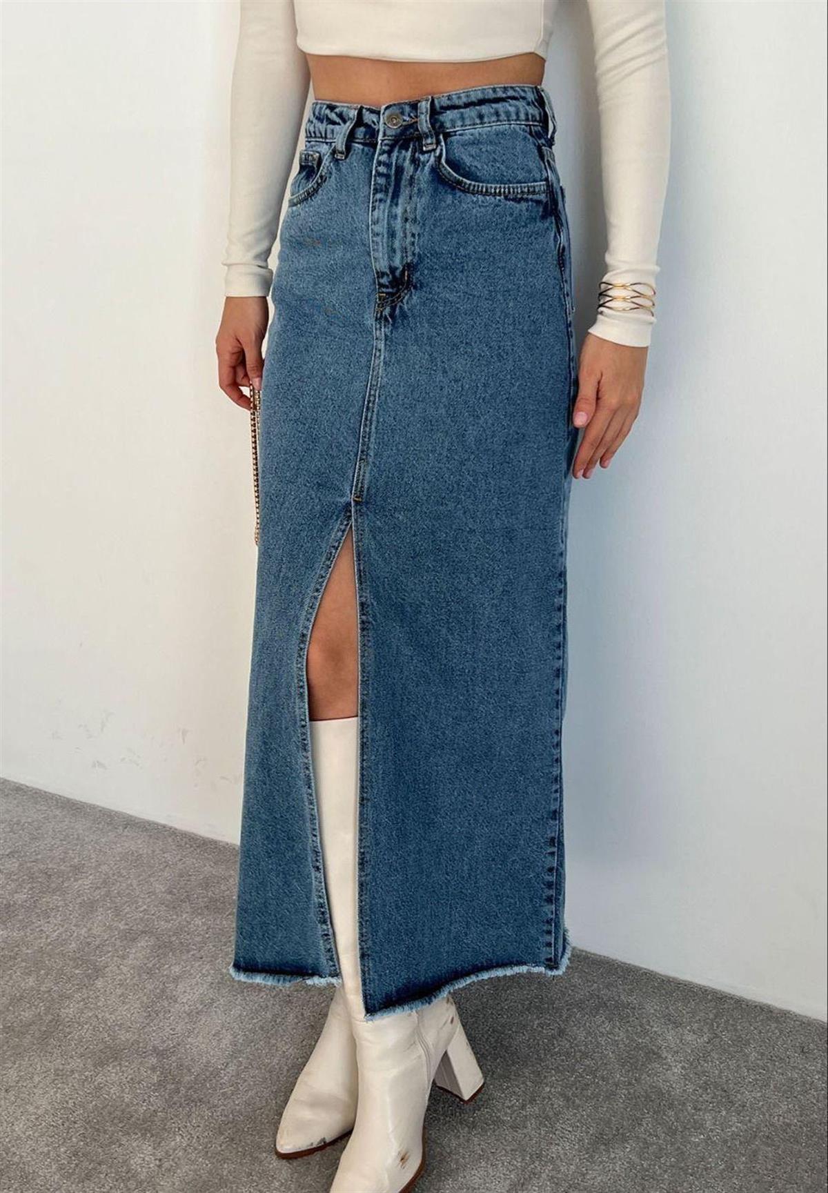 KADIN YIRTMAÇLI YÜKSEK BEL KOT ETEK Moda AkımıEtek