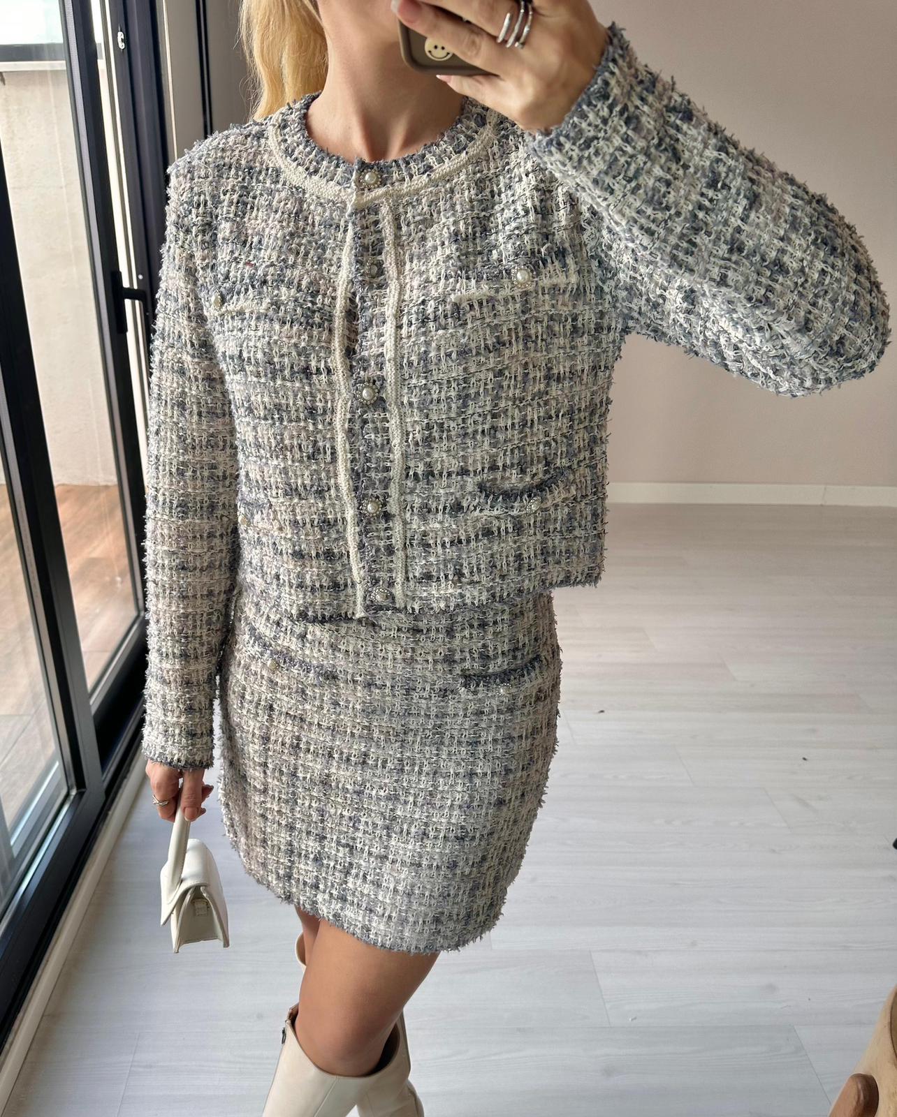 KADIN BUZ GRİ INVI DÜĞMELİ ETEK BLUZ TAKIMModa AkımıSet