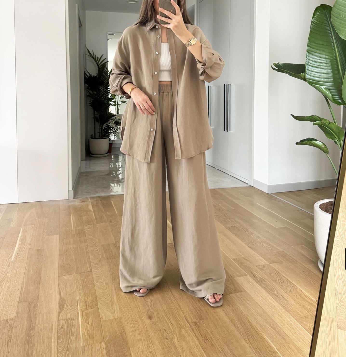 KADIN CAMEL KETEN PANTOLON GÖMLEK TAKIMModa AkımıSet