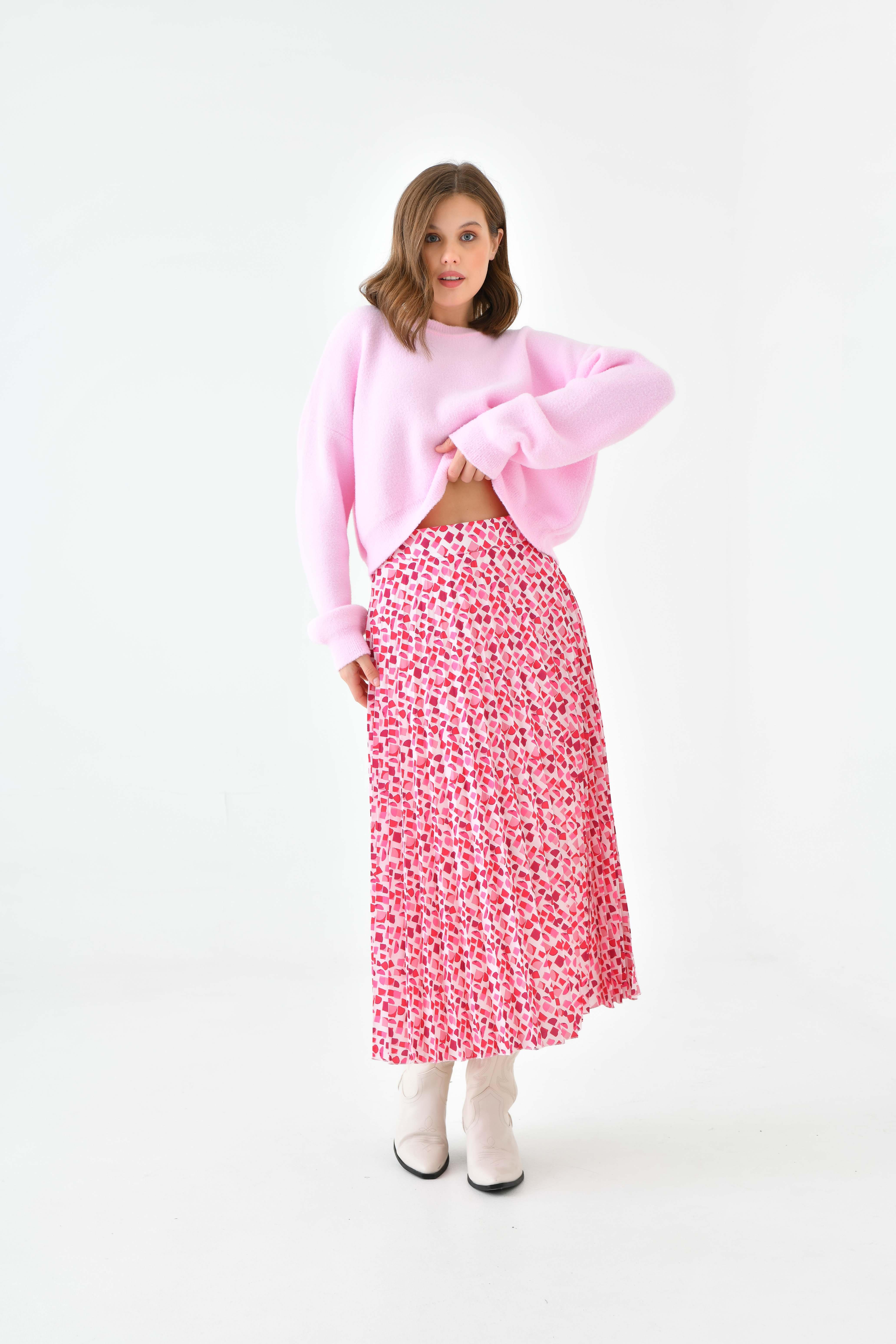 KADIN PEMBE DESENLİ PİLİSELİ YÜKSEK BEL ETEKModa AkımıEtek