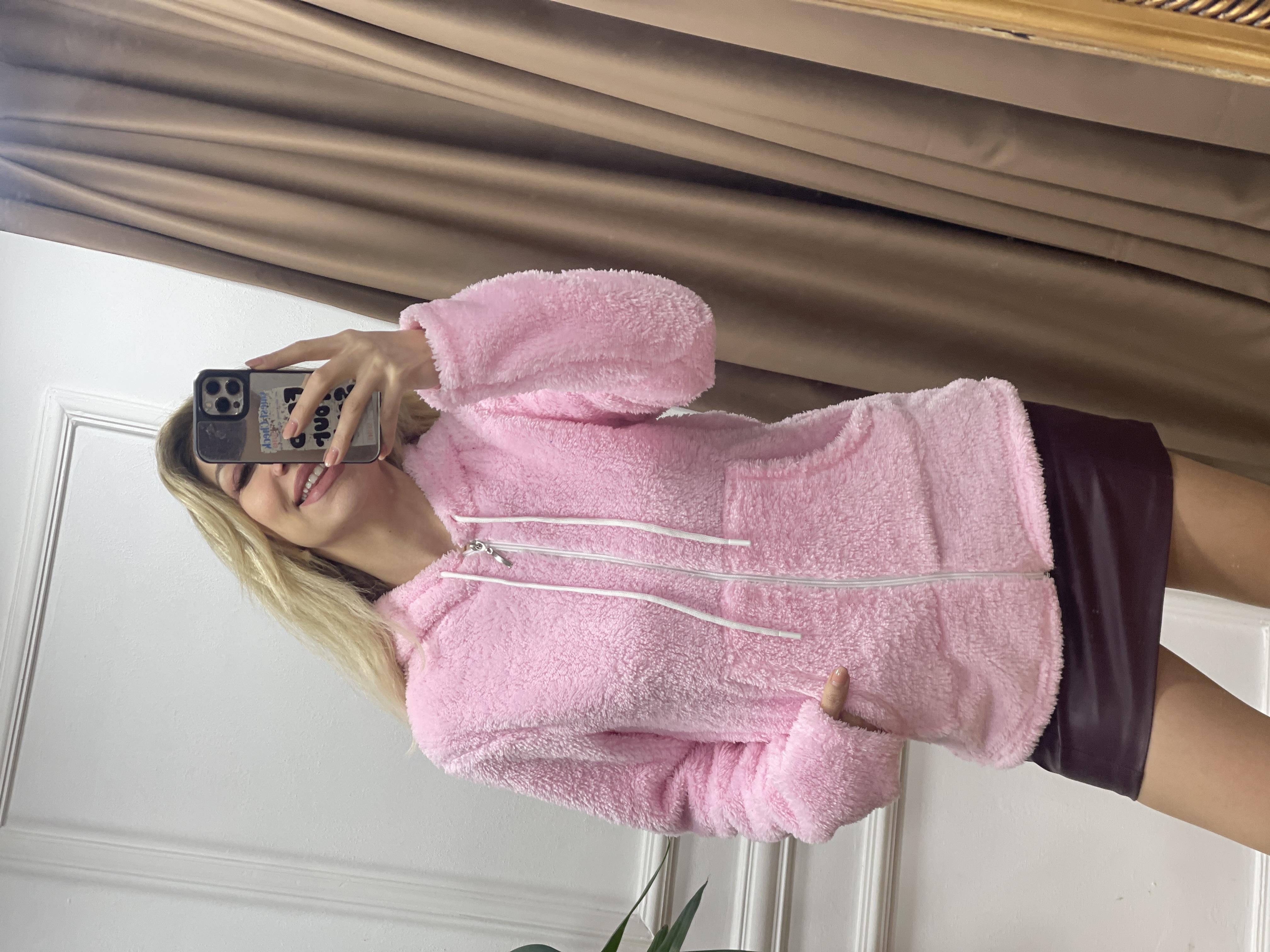 KADIN PEMBE PELUŞ HIRKA Moda AkımıHırka