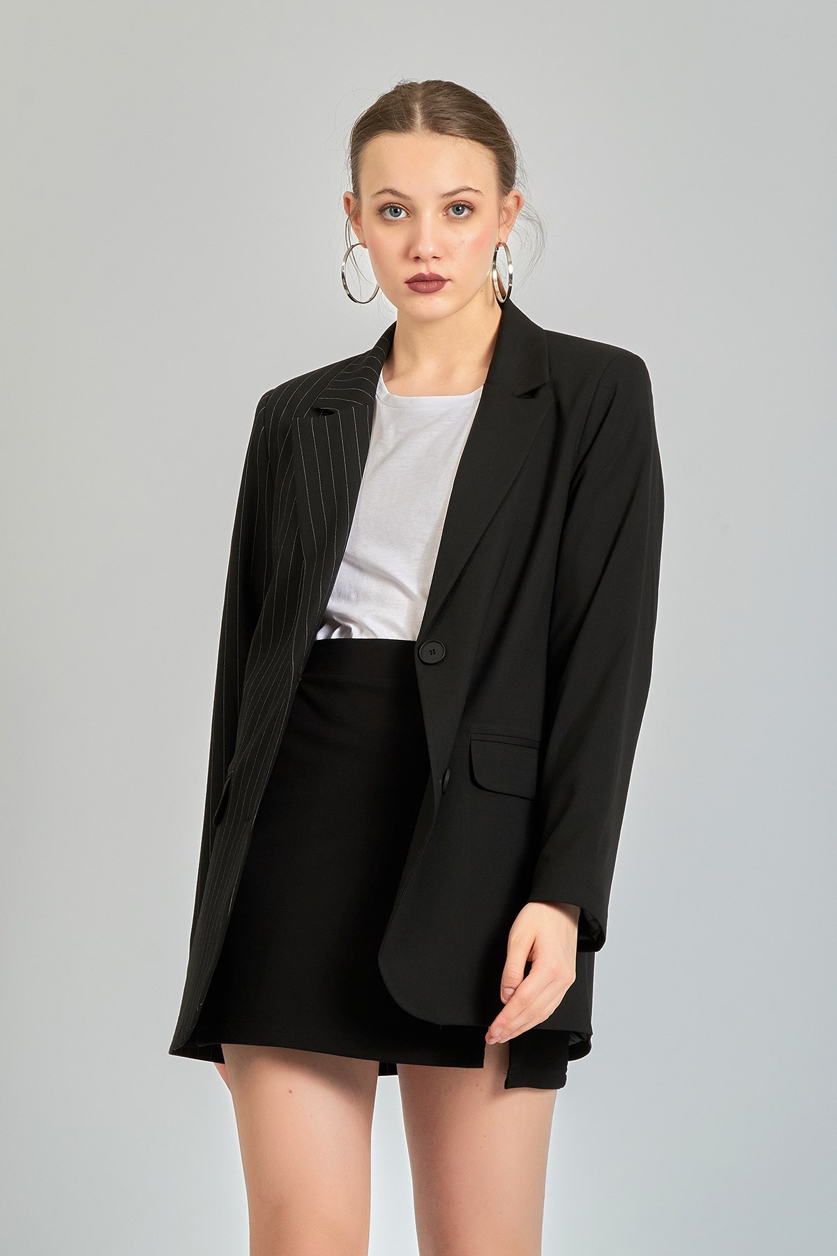 Kadın Siyah Kontrast Kumaş Ceket(İç Astarlı)