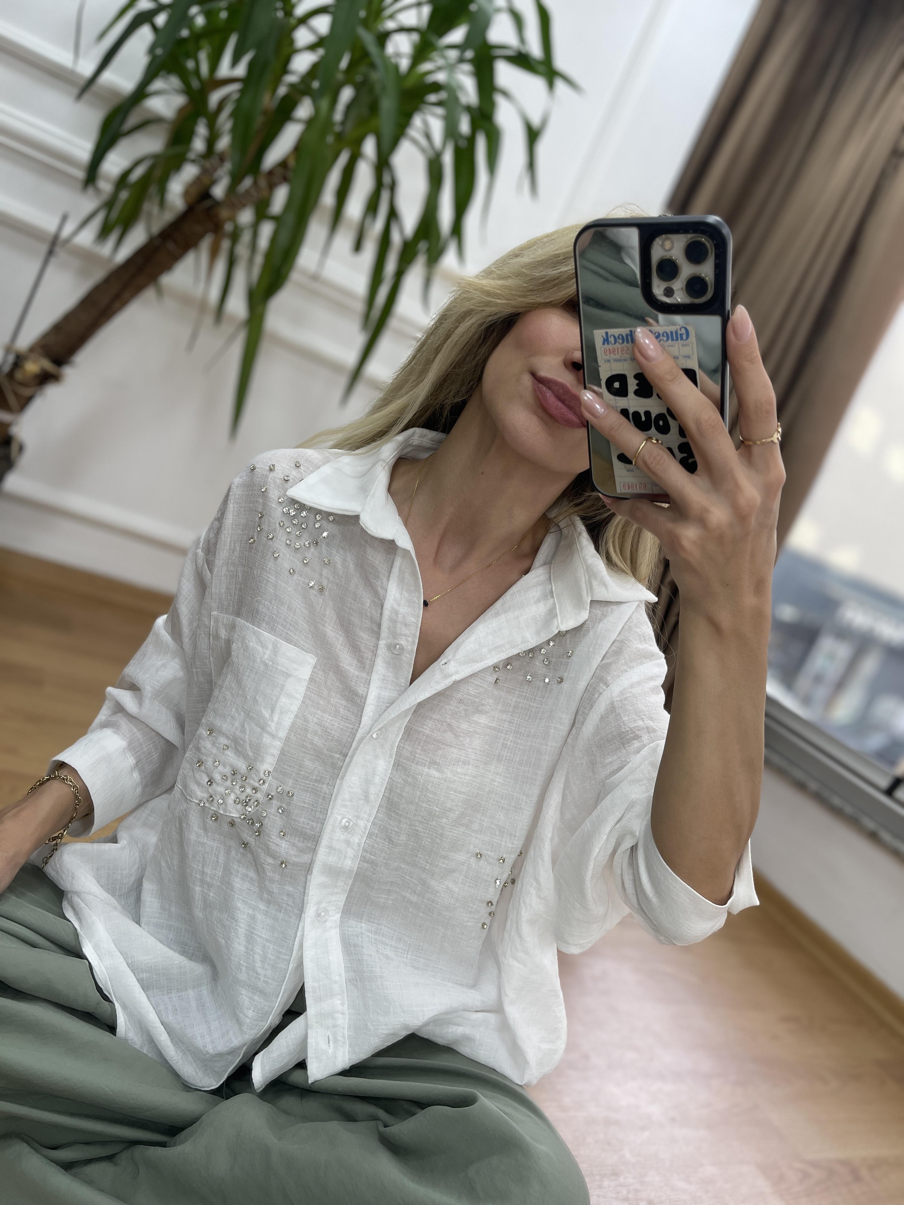 KADIN TAŞ DETAYLI KETEN GÖMLEK Moda AkımıGömlek