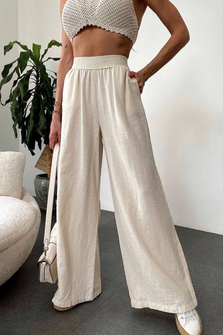 KADIN TAŞ RENGİ YÜKSEK BEL KETEN PANTOLON Moda AkımıPantalon