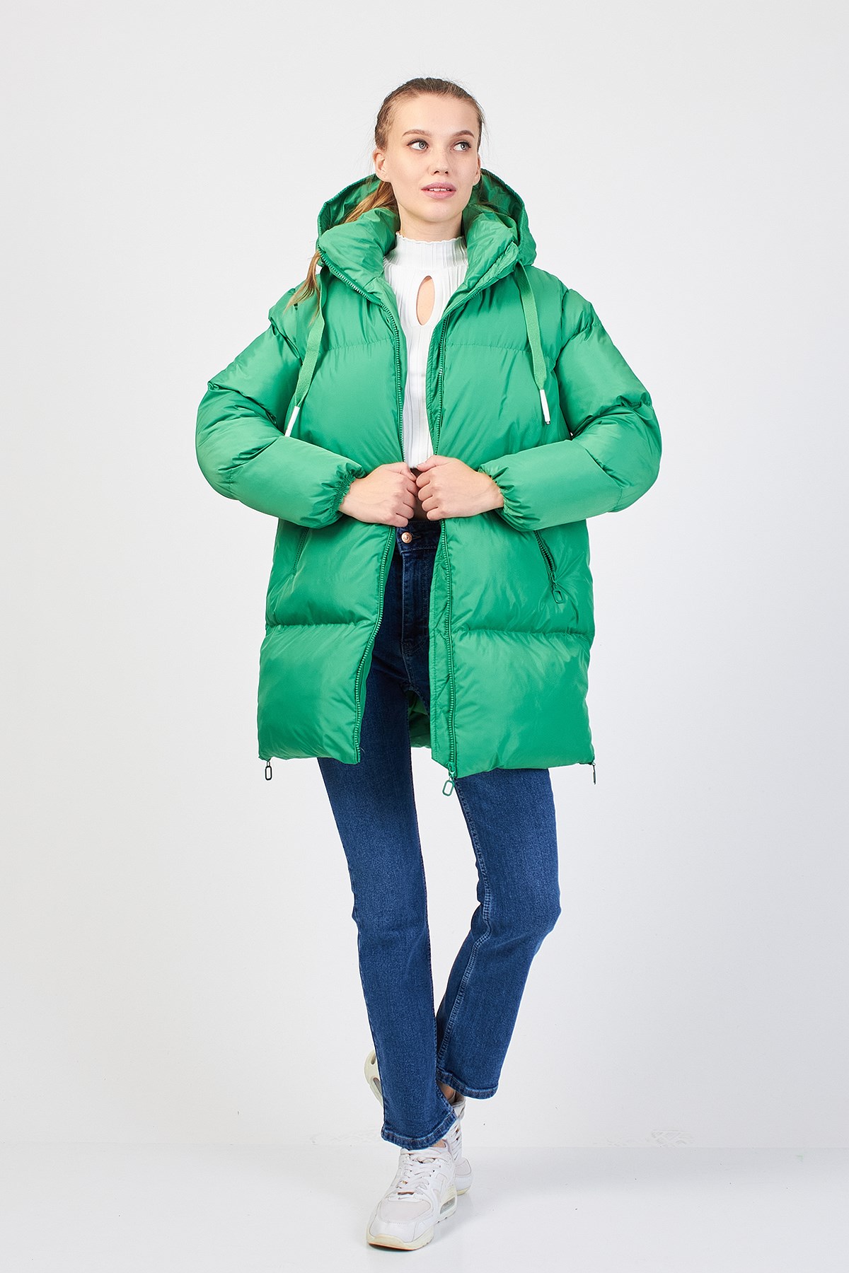 Yeşil Kapüşonlu Lüx Kalite Puffy MontModa AkımıMont