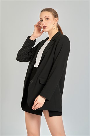 Kadın Siyah Kontrast Kumaş Ceket(İç Astarlı)