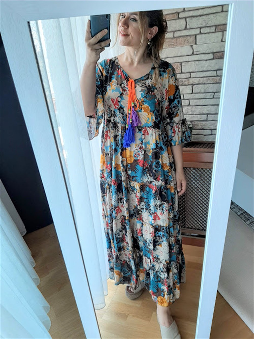 Çiçekli Fırfırlı Viskon Salaş Elbise