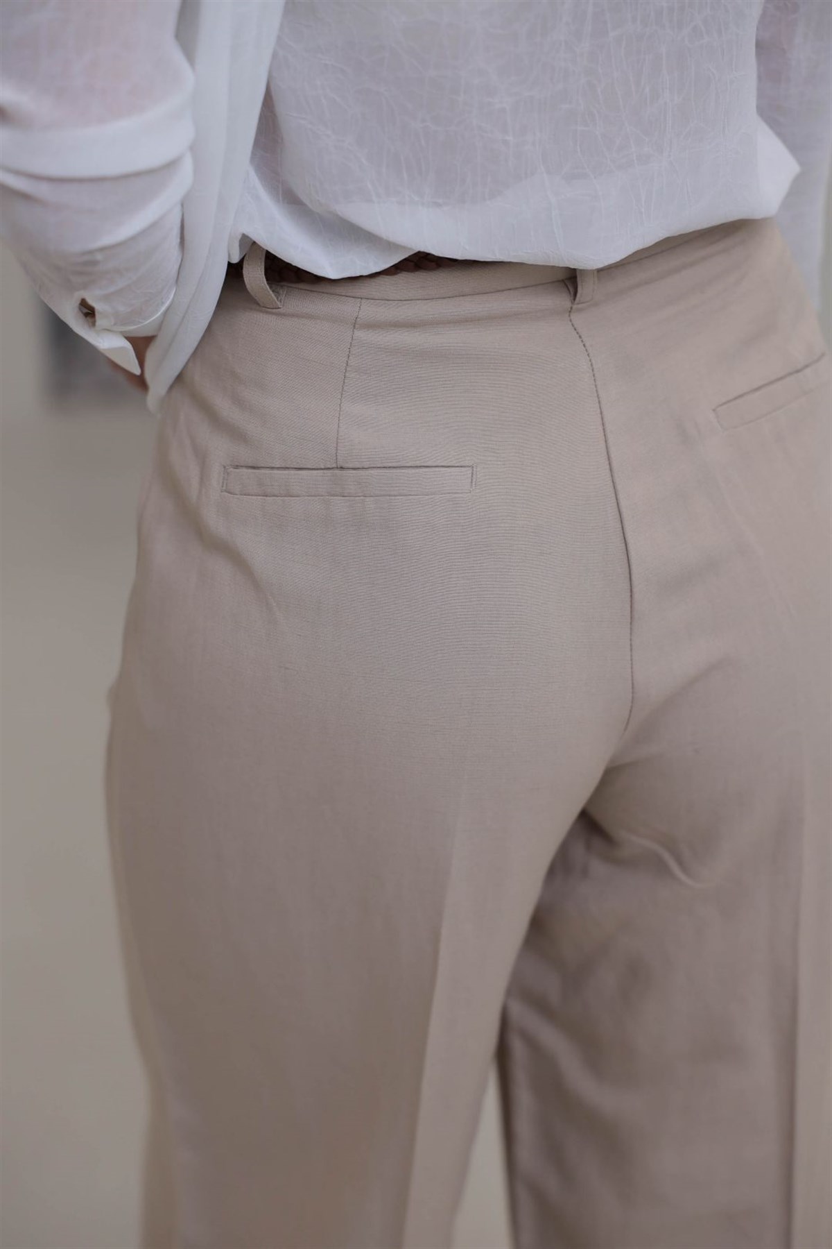 1150 Örme Kemerli Viskon Keten Pantolon BEJ