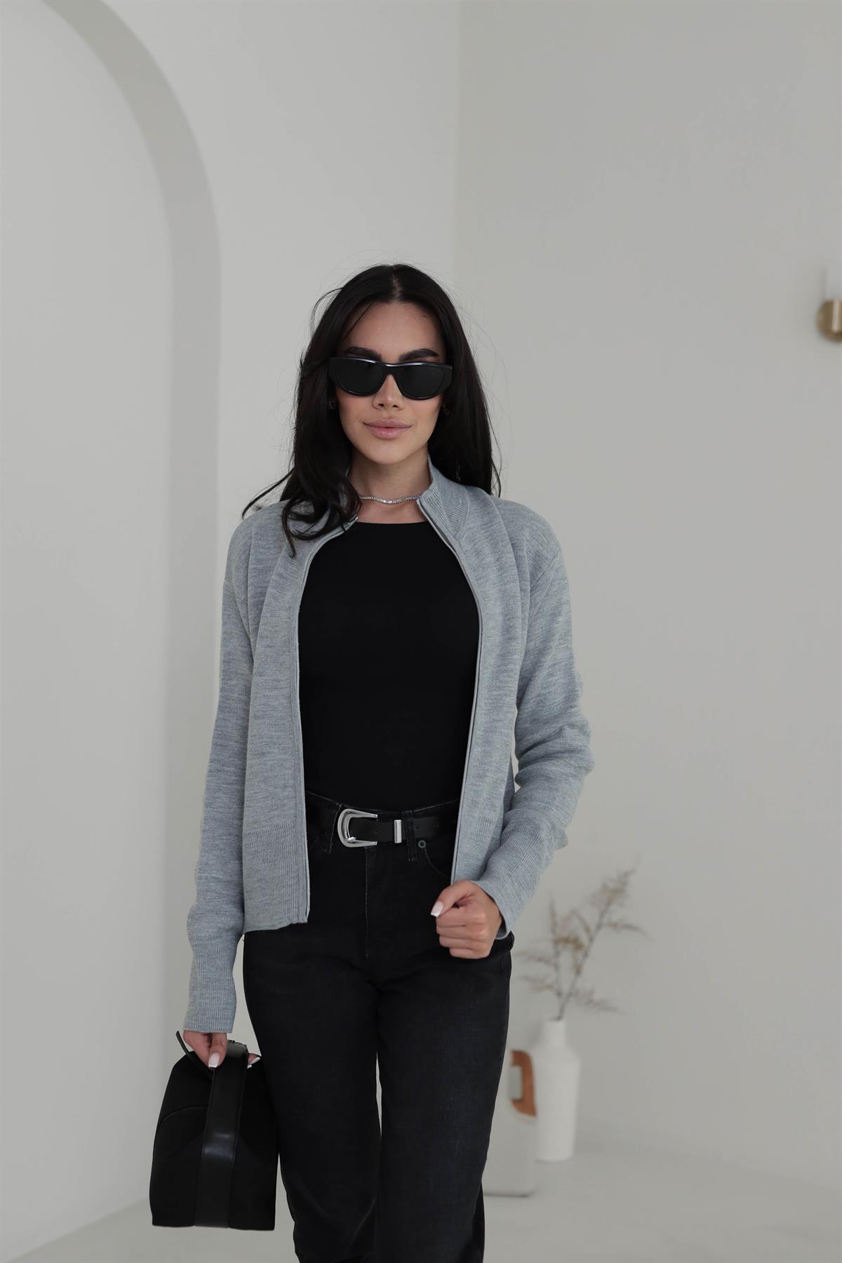 1042 Dik Yaka Çift Fermuarlı Triko Hırka GRİ