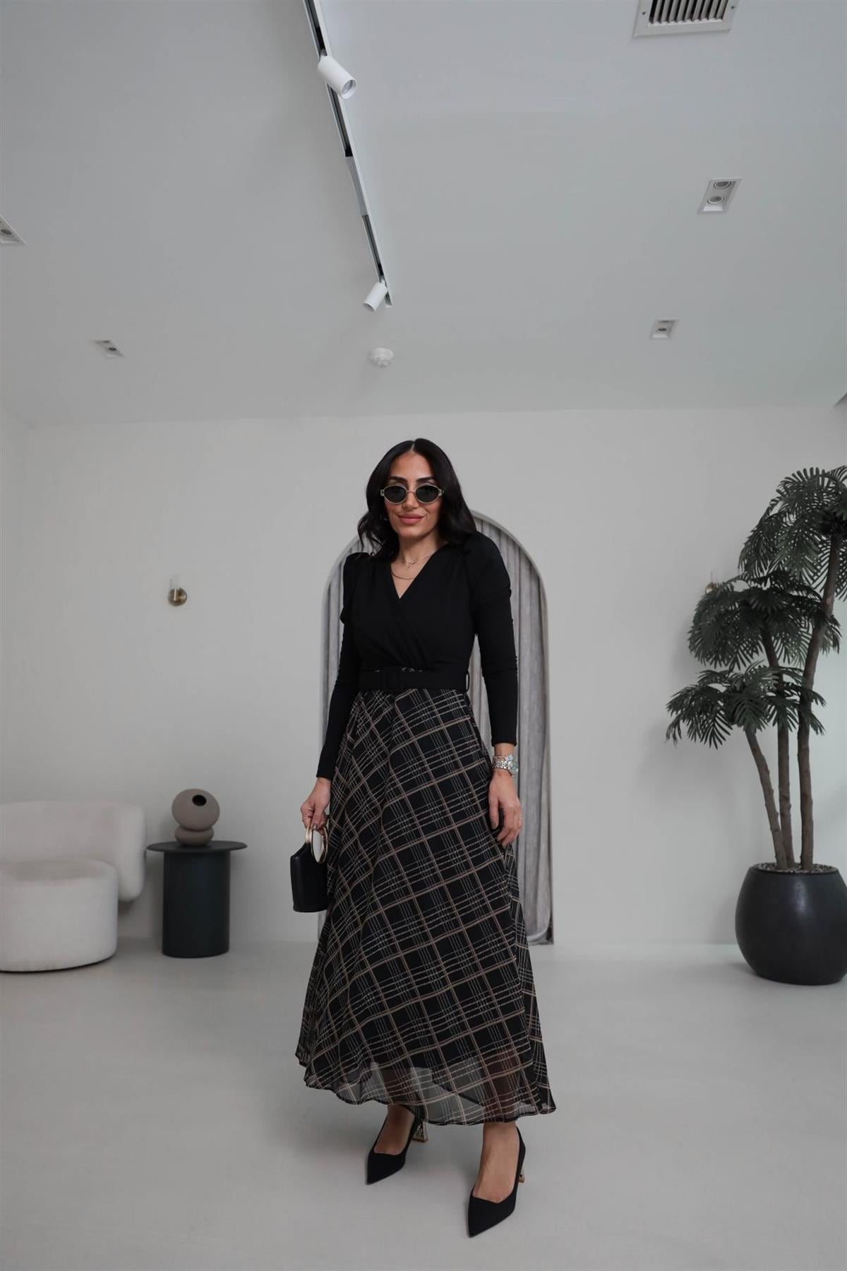 3860 Kruvaze Yaka Kemerli Maxi Elbise SİYAH