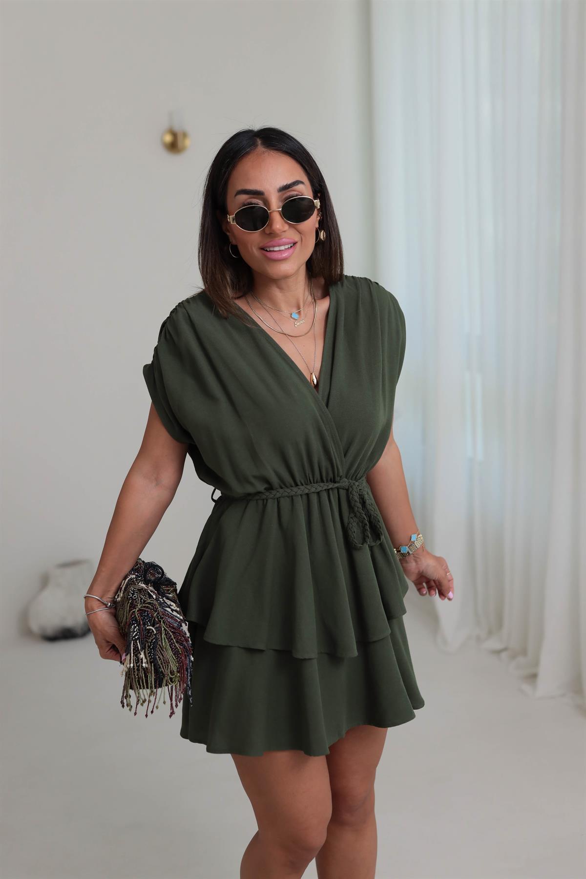 0306 Eteği Kat Kat Kruvaze Kemerli Keten Elbise HAKİ YEŞİL