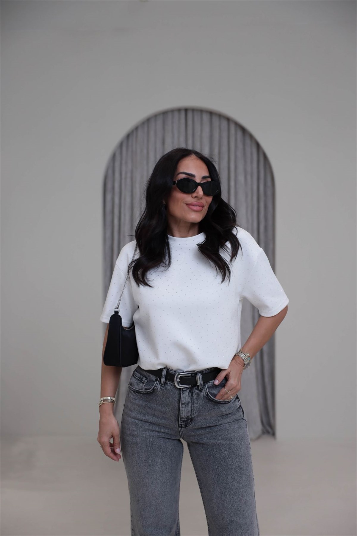 4236 Bisiklet Yaka Taşlı Tshirt EKRU