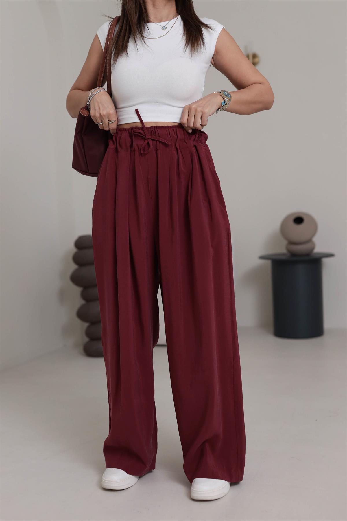 0165 Yüksek Bel Lastikli Bol Paça Tencel  Pantolon BORDO