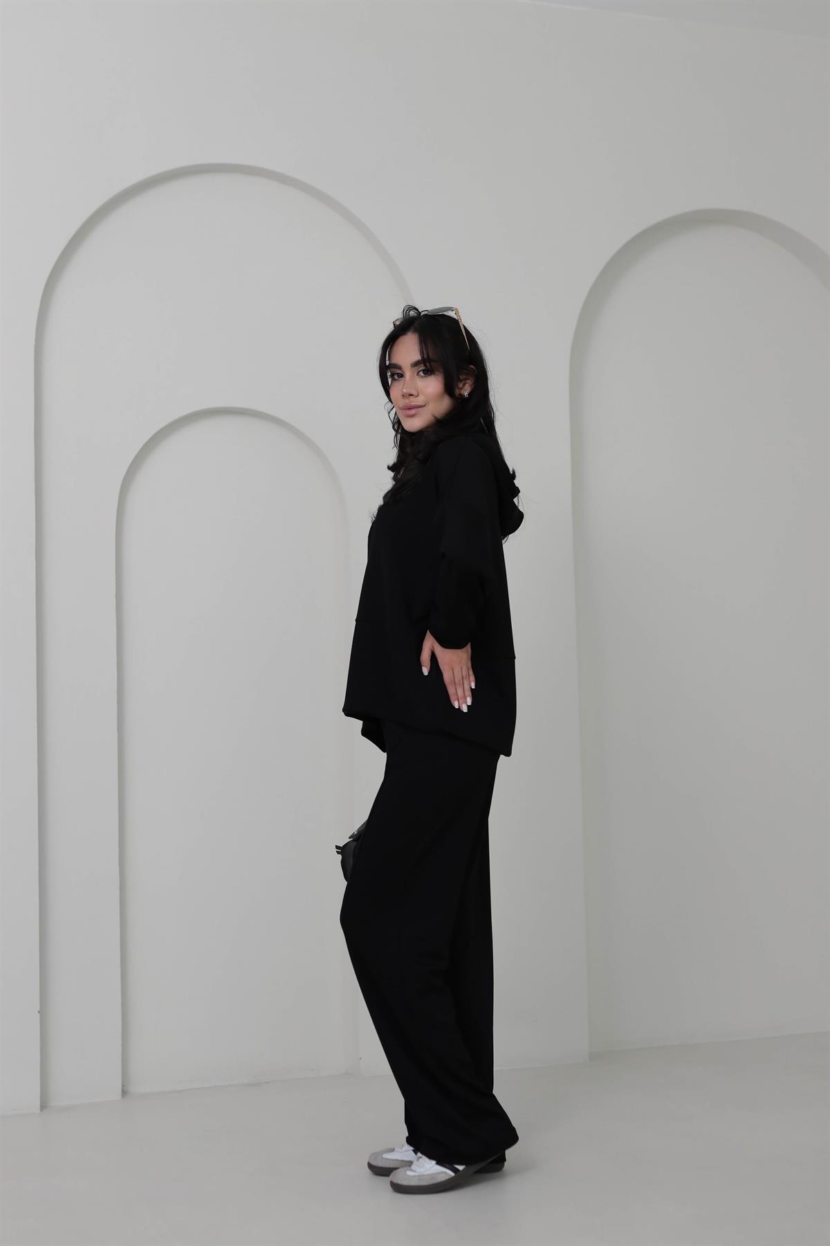 2130 Kapşonlu Uzun Kol Modal Penye Takım SİYAH