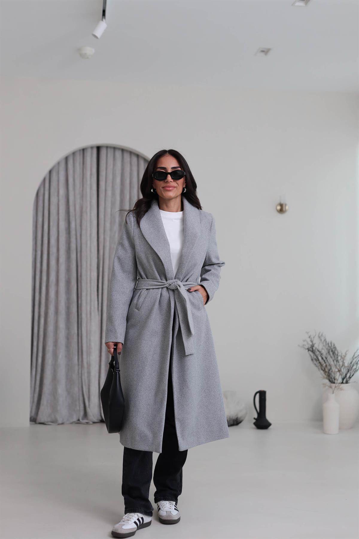 2173 Kuşaklı Kaşe Ceket GRİ